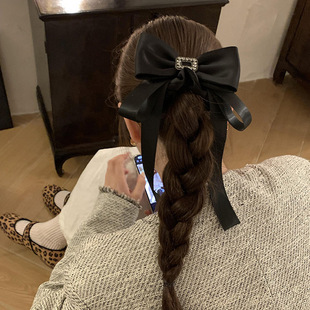 Korean Square Diamond Black Bow Hair Tie for Women, Small Fragrant Style Hair Tie, High-End Ponytail Streamer Hair Accessories New Style
