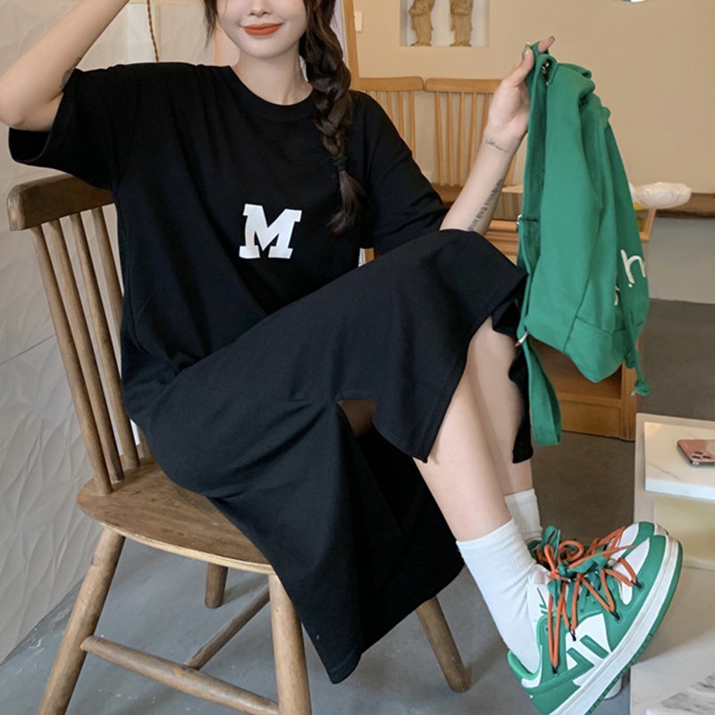 Xinyu 여름 신작 여성 루즈한 배 커버 셔츠 루즈한 슬리밍 롱 무릎 길이 티셔츠 드레스 트렌디