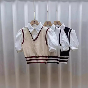 Summer New Korean-style Academy-style Shirt Collar Stitching Vest Fake Two-piece All-match Short-sleeved Top for Women