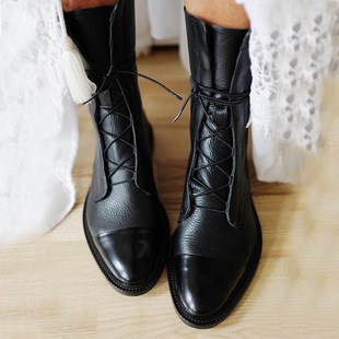 2020 Winter wish foreign trade low heel round head 40-43 cross strap mid-barrel Knight boots