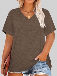 Cross-border Foreign Trade plus size Clothing European and American Casual V-neck Pullover Women's T-shirt Single Piece Stamping Plus Size Women's Clothing