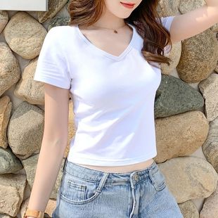 V-neck Black t-shirt Women's Short-sleeved 2024 New Summer Small Slim Short Bottoming Shirt top trendy