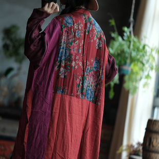 Luoguni Light Custom-Made Artistic Cotton and Linen Loose Artistic Long Waistcoat with Color Matching Lace-Up Vest 1855 Red Matching