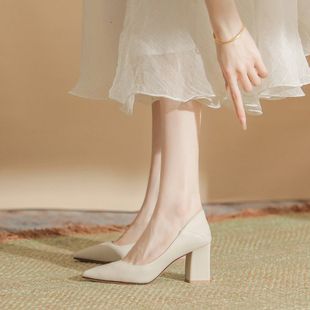 Spring and summer 2024 new French nude high heels women's elegant soft leather 5cm not tired feet thick heel low-vat women's shoes