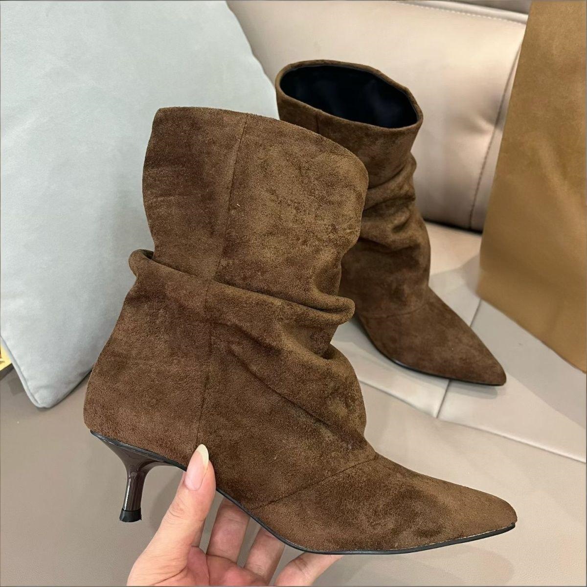 2026 Denim Versatile Brown Pointed Toe Pleated Ankle Boots Kitten Heel Suede Mid-Calf Boots Women's High Heel Boots
