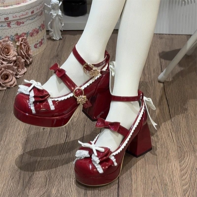 Lolita Shoes, Lolita Style Shoes, Waterproof Platform High Heels, Double-Layer Bowknot, Mid-Heel Red Shoes for Women