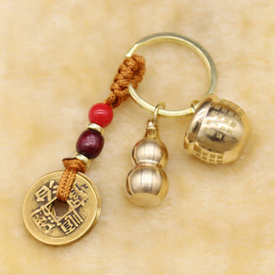 Brass Baifu cylinder Mini real copper five Emperor coin keychain open copper gourd Jewelry pendant decorative stall