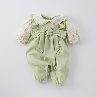 ins2025 spring baby jumpsuit western-style baby girl corduroy printed stitching long sleeve khaki climbing suit