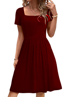 Smr12248 Aliexpress Amazon New European and American Sexy Fashion Pure Color U-Neck Women's Dress