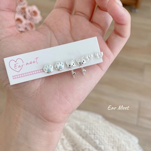 Seven pairs of clothes ~ cat flower small fresh cartoon cute earrings female personality small childlike niche spring and summer earrings