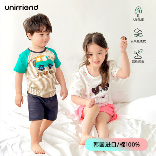 unifriend Korean Children's Wear Children's Pajamas Summer Slub Cotton Boys' Home Clothes Girls' Short Sleeve Shorts