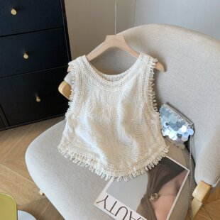 Real Shot Round Neck Sleeveless Tassel Knitted Vest Women's Summer Short High-end Sense Elegant Outer Wear Blouse Top