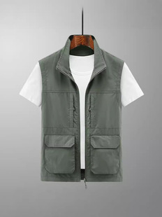 Workwear Vest Men's Summer 2024 Thin Quick-drying Vest Outdoor Zipper Pocket Vertical Collar Vest Men's Jacket