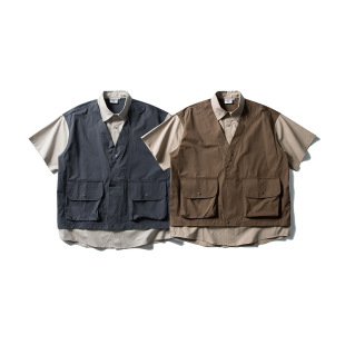 City Fanpin 2025 Summer New Fake Two-piece Workwear Short-sleeved Shirt Outdoor Casual Top Men's Wear