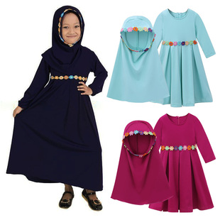 Children's European and American Spring and Autumn Girls' Long Sleeve Solid Color Dress + Headscarf Two-Piece Children's Skirt ins