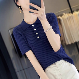 Celebrity Same Style Top Summer POLO Collar Short-sleeved T-shirt Women's Slim-fit Solid Color Elegant Design Sense Half-sleeved Pullover