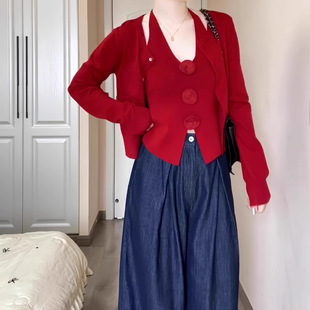 High-end Korean Style Christmas Wear Red Sweater Needle Weaver Autumn and Winter 2024 New Top Outer Cardigan Jacket
