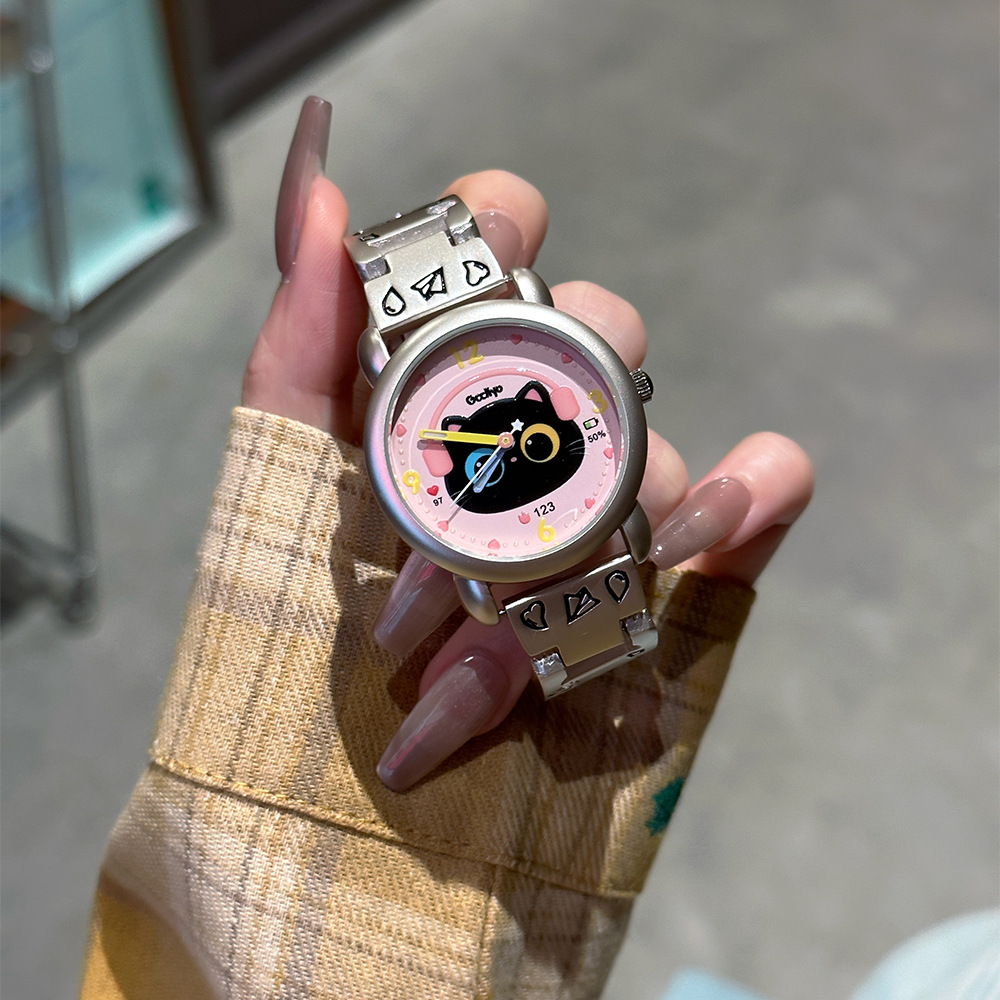 GCCLIYO Yuri Cute Headphone Cat Student Watch with Childlike Bow and Girlish Diamond Stainless Steel Strap Wristwatch