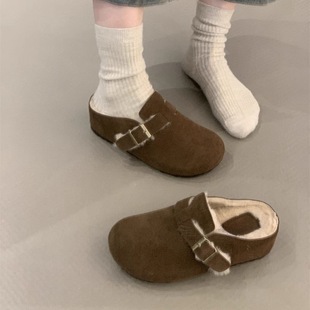 Thick Bottom Small Retro Mori Girl Frosted Leather Buckle Warm Lazy Slip-on Bucket Slippers