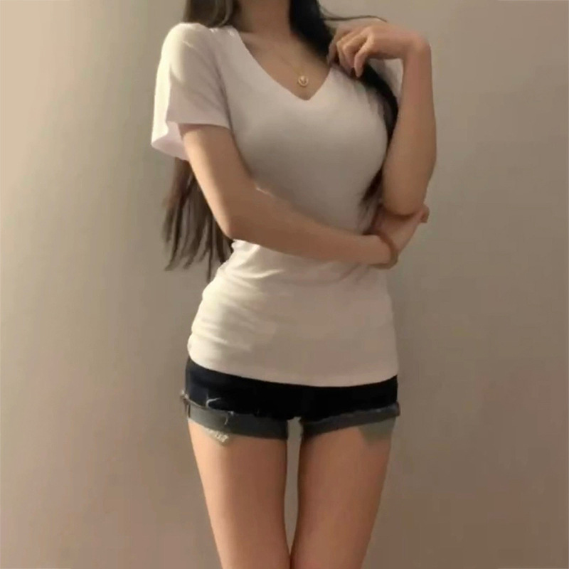 블랙 숄더 티셔츠 여성용 반팔 V-Neck 슬림 핏 슬리밍 타이트 허리 디자인베이스 셔츠 미국 핫 걸 탑