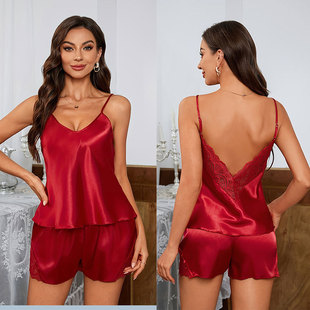 Women's Pajamas Amazon Wholesale 2025 New Women's Silk Short Sling Lace Shorts Thin Pajamas suit