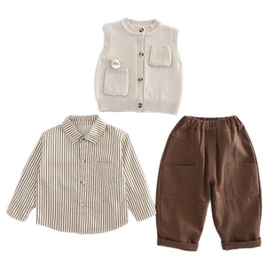 Korean Style Casual 2025 Men's Bear Sweater Vertical Pattern Three-Piece Suit Western Style Long-Sleeved High and Low Double Flap Pocket Pants Spring & Fall Suit