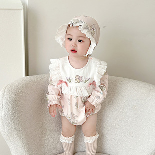 Baby's Cotton Fart Bag 2025 Spring Princess Printed Full Moon Oversuit 5086 Baby Girl's Spring and Autumn Clothes with Hats