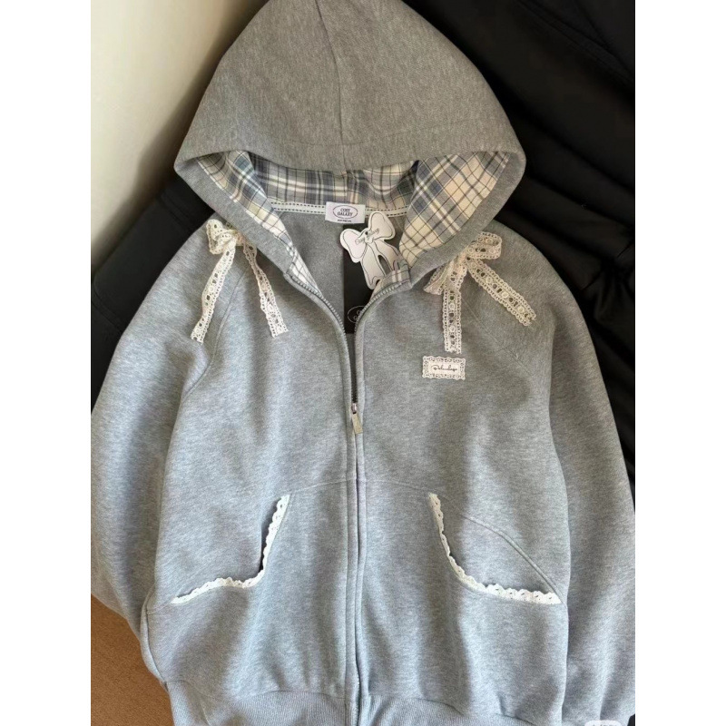 American Retro Plaid Lace Hooded Sweater Women's Spring and Autumn 2024 New oversize Ballet Style Cardigan Jacket
