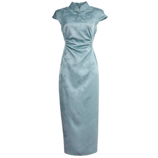 Qiao Niang Fish Blue Jacquard Lady Fan Rear Split Cheongsam 2025 Spring New Improved New Chinese Young Style