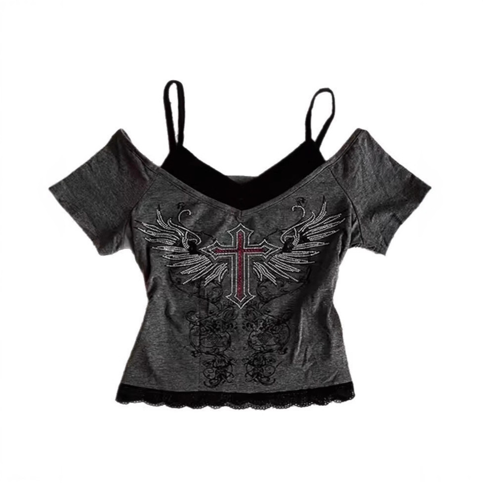 European and American Cross-Border Slim Summer New Rhinestone Fake Two-Piece Fashion Geometric Pattern Women's Dark Short-Sleeved T-Shirt Batch