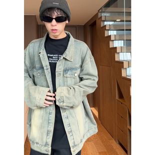 Yellow mud dyed tooling Denim coat men's spring and autumn American street retro high-end hiphop jacket niche design