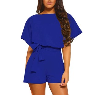 2025 Summer Fashion Lace-Up Button Short-Sleeved Women's Jumpsuit Casual Pants in Stock Are Guangzhou Polyester Polyester Fiber