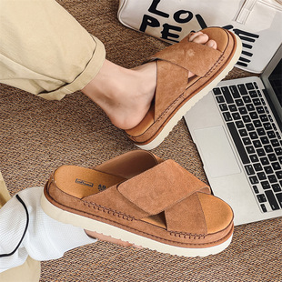 2024 Spring Thick-soles Increased Breathable Cork Lovers Slip-on Slippers Men's Genuine Leather Outer Wear Comfortable Sandals