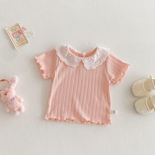 Girls' Korean T-shirt 2025 New Summer Children's Lace Collar Short-sleeved Summer Baby's Western-style Wood-ear Top