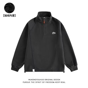 lemanism Embroidered Letters Collar Raglan Sleeve Swedshirt for Men and Women Autumn and Winter Heavy Couple Half-placket Couple Top