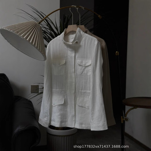 Old Money Style LP Same Style 100 Linen Traveler's Vertical Collar Jacket Coat Waist Drawstring Tight Waist Coat Short Windbreaker