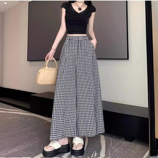 Loose Lazy Style Plaid Pants Women's Summer Loose Waist Casual Cropped Wide-Leg Pants Hanging A- shaped Large Flare Pants