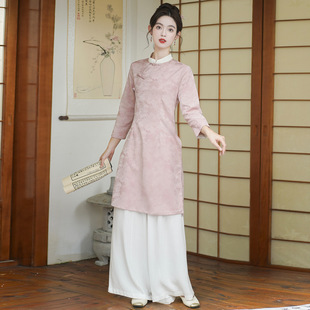 2024 Early Autumn Improved Cheongsam Jacket Tea Clothing Literary Retro Contrast Color Seven-point Sleeve Slimming dress suit Zen