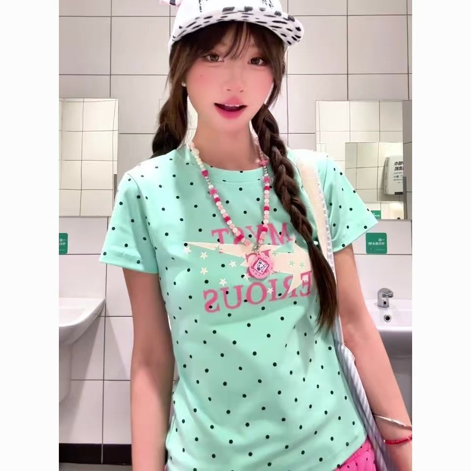Dopamine Sweet Style Polka Dot Color-Block Short-Sleeve T-Shirt for Women, Designed with Color-Blocking, Slim Fit, Versatile Top, Trendy