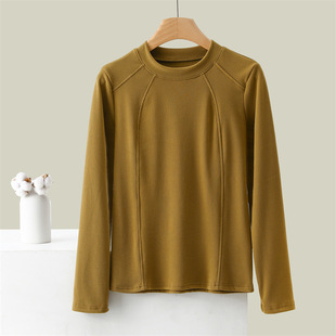 2024 Autumn and Winter Velvet Thermal Underwear Top Women's Middle Collar plus size Women's Slim Long Sleeve Base Shirt Autumn Clothes