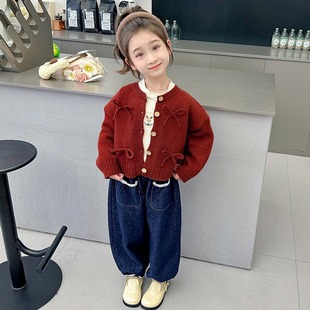Girls' knitted cardigan spring and autumn 2024 new baby western style sweater coat children's jeans suit autumn and winter