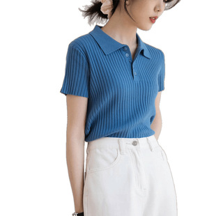 Klein Blue French Polo Collar Short-Sleeved T-Shirt Women's Summer Lapel Pit Strip Slim Short Pullover Knitted Top