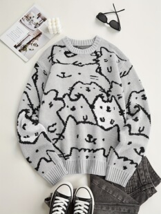 [Big Sale] Cross-Border Autumn and Winter Cat Contrasting Color Loose Casual Round Neck Versatile Men's Sweater Knitted Top