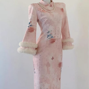 8731# Gentle Feeling Guofeng Composite fleece-lined Bubble Sleeve Cheongsam Nine-point Sleeve Autumn and Winter Temperament