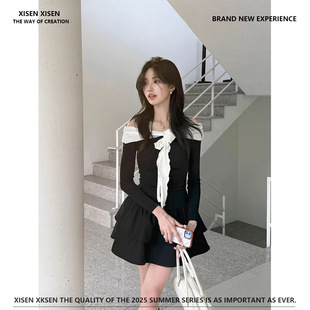 notyourrose Korean Women Wear Ins Bow Tie-up Shoulder Collar Long-sleeved Ballet Style Sweet T-shirt