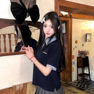 in stock New Miu Embroidered Fake Two-piece Polo Collar Stitching Short-sleeved T-shirt Women's Age-reducing College Style Men and Women Couple
