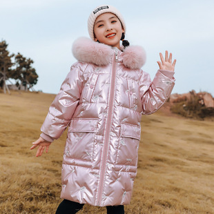 Girls' Down Jacket Bright Noodles Wash-Free Mid-Long 2022 New Children's Western Style White Duck Down Thickened Jacket