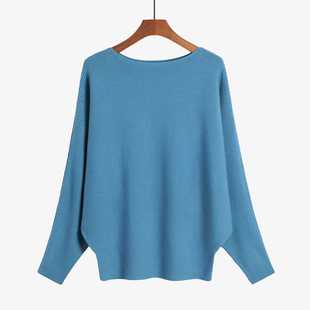 2022 cross-border Amazon European and American women's clothing autumn and winter new solid color loose off-neck long sleeve bat knitted sweater
