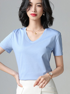 2025 summer cotton T-shirt women's V-neck solid color vest does not shrink round neck 100 cotton 80 mercerized cotton short sleeve