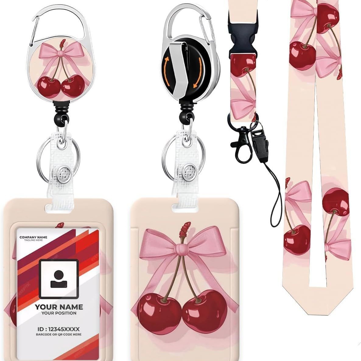 Cherry Bow Id Card Holder with Retractable Clip for Access Cards, Meal Cards, Employee Cards, and Badge Holders